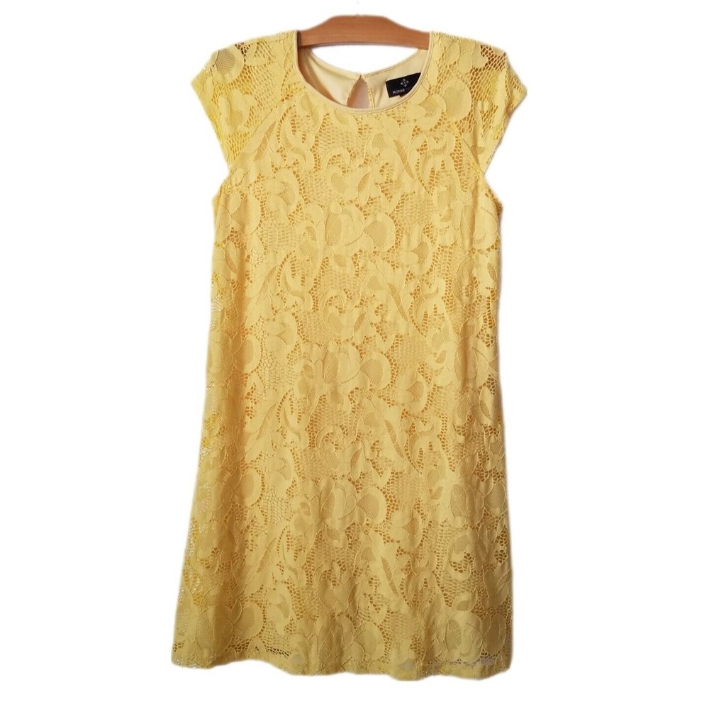 RONNI NICOLE Womens L Lace Sheath Dress Short Sleeve Lined Yellow